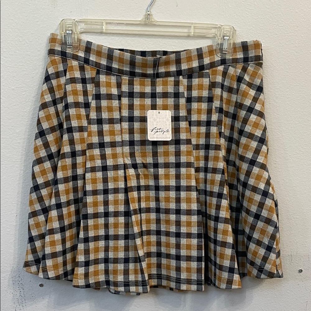 Free People Plaid Skater Skirt in Mustard, Black, Cream